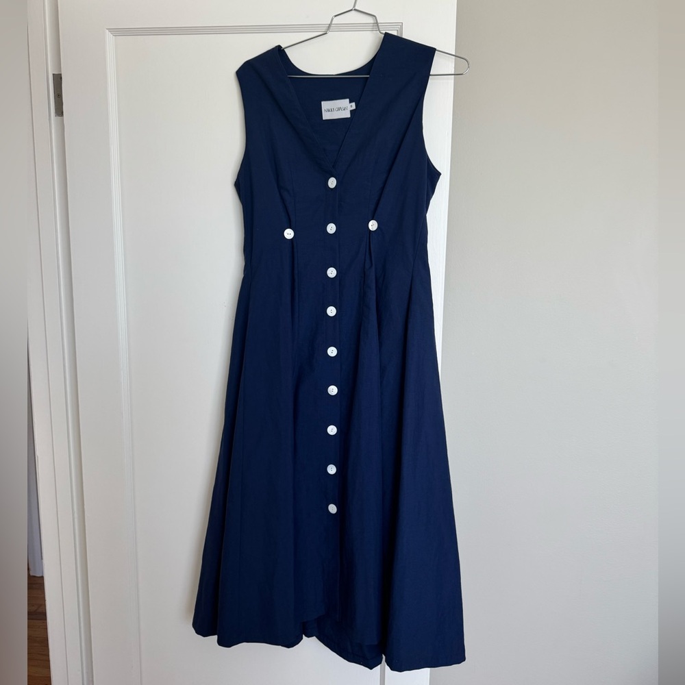 Navy Midi Button-Front Dress - Sleeveless V-Neck
